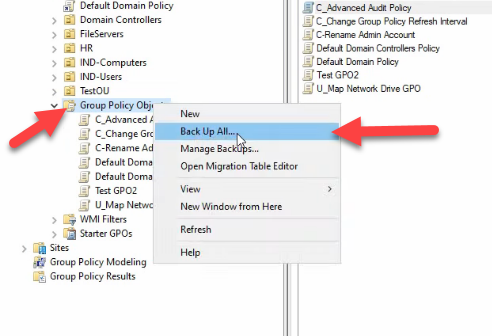 Group Policy Management Console with the Group Policy Objects container right-clicked and Back Up All highlighted