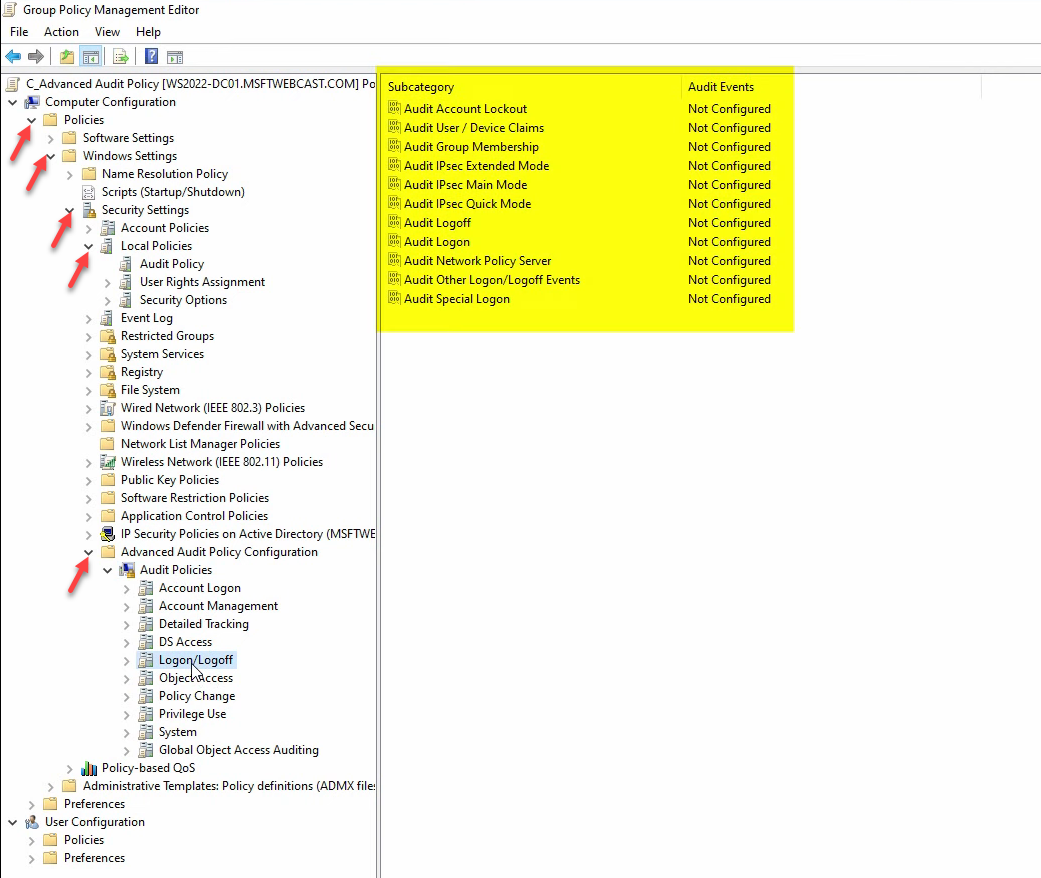 Group Policy Management Editor showing both Local Policies / Audit Policy and Advanced Audit Policy Configuration / Audit Policies nodes