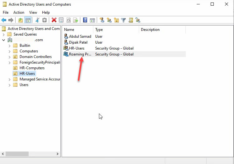 Step 2 of the roaming-profile setup workflow on Windows Server 2022