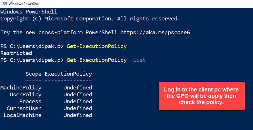PowerShell session showing the script blocked error and Get-ExecutionPolicy returning Restricted