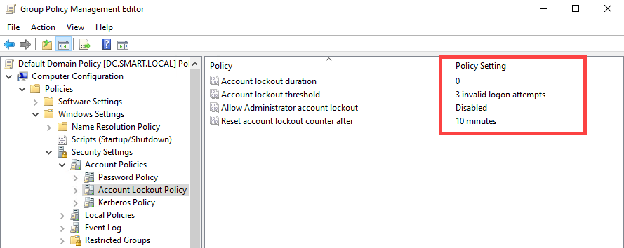 Group Policy Editor with Allow administrator account lockout policy set to Disabled