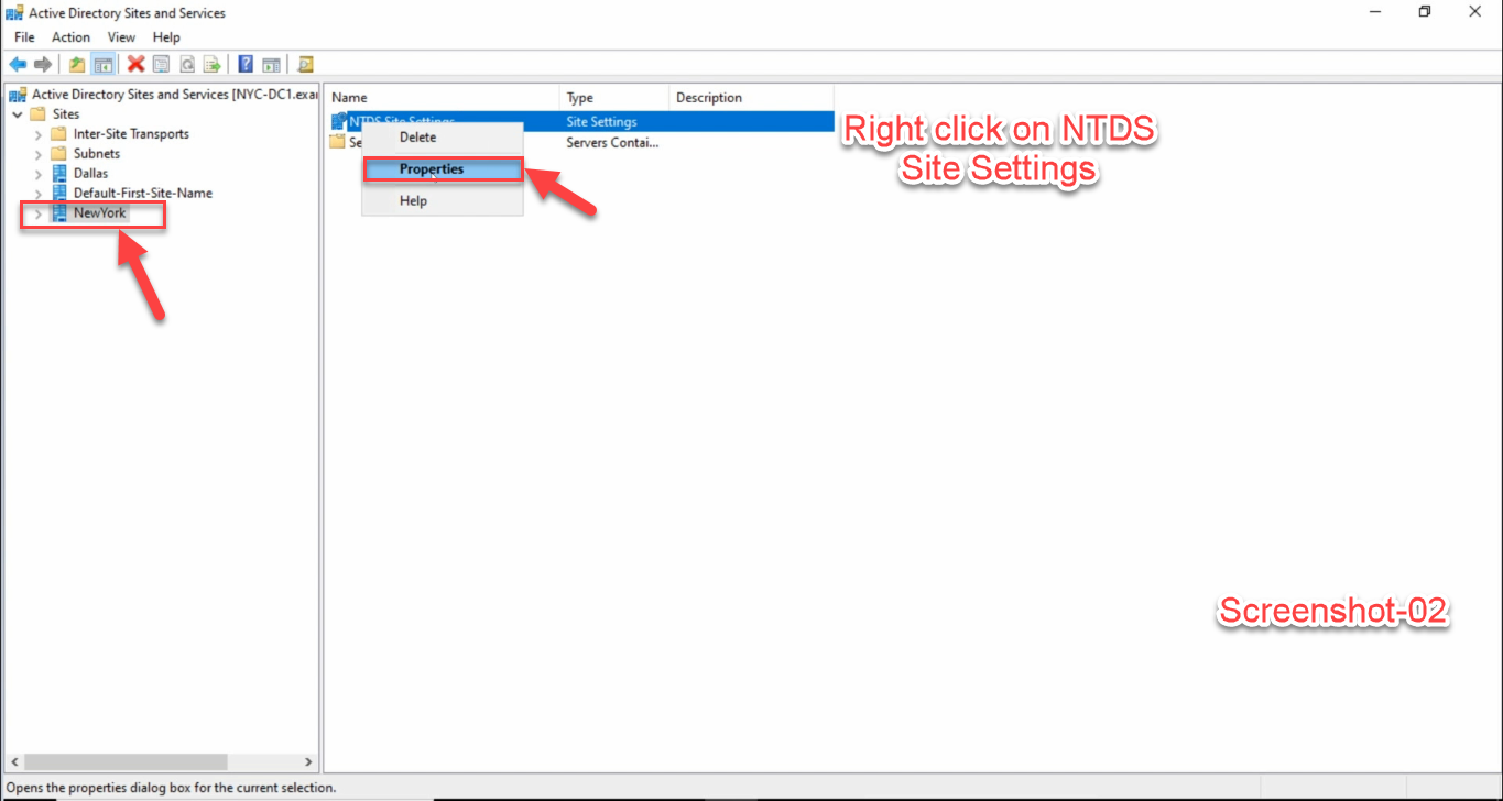 Active Directory Sites and Services console with the NewYork site selected, NTDS Site Settings right-clicked in the right pane, and Properties highlighted in the context menu