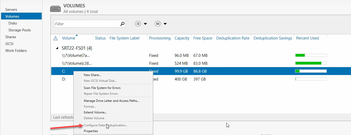 Server Manager Volumes view showing the C and D drives on the file server.