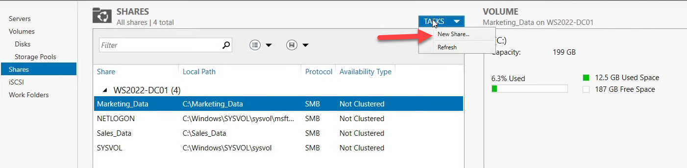 Server Manager Shares pane with Tasks > New Share menu open.” /><figcaption>Tasks > New Share to launch the New Share Wizard from File and Storage Services.</figcaption></figure>
<figure class=