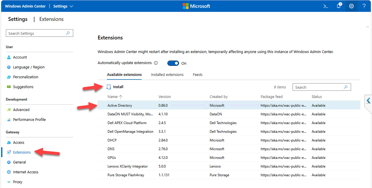 Available Extensions tab with Active Directory selected and Install button visible.