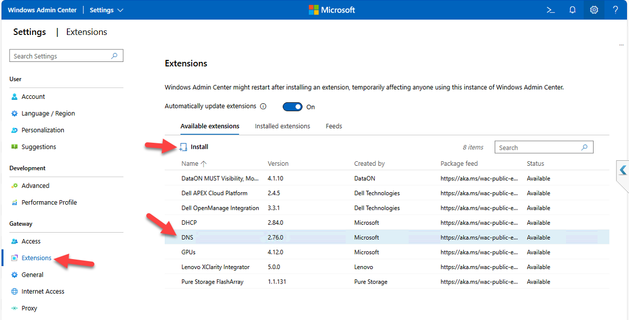 DNS extension details panel in Windows Admin Center with Install button visible.