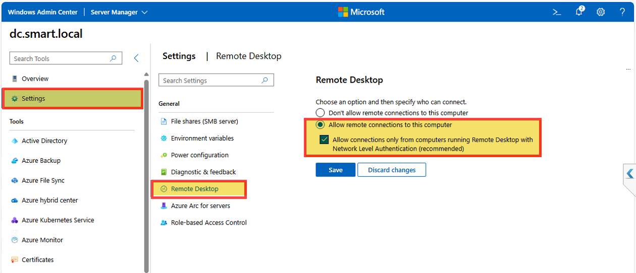 WAC Settings pane with Remote Desktop selected and Allow remote connections enabled with NLA.