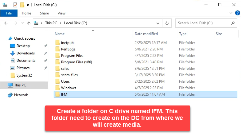 Empty C:\IFM folder open in File Explorer ready to receive the IFM export.