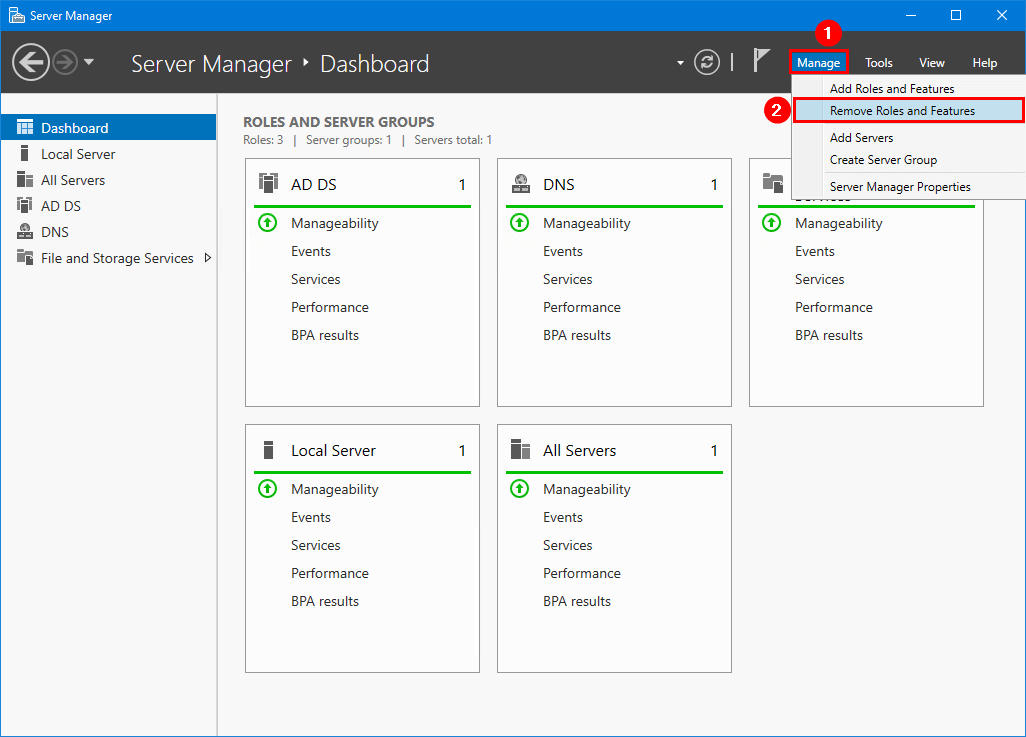 Server Manager Manage menu with Remove Roles and Features highlighted