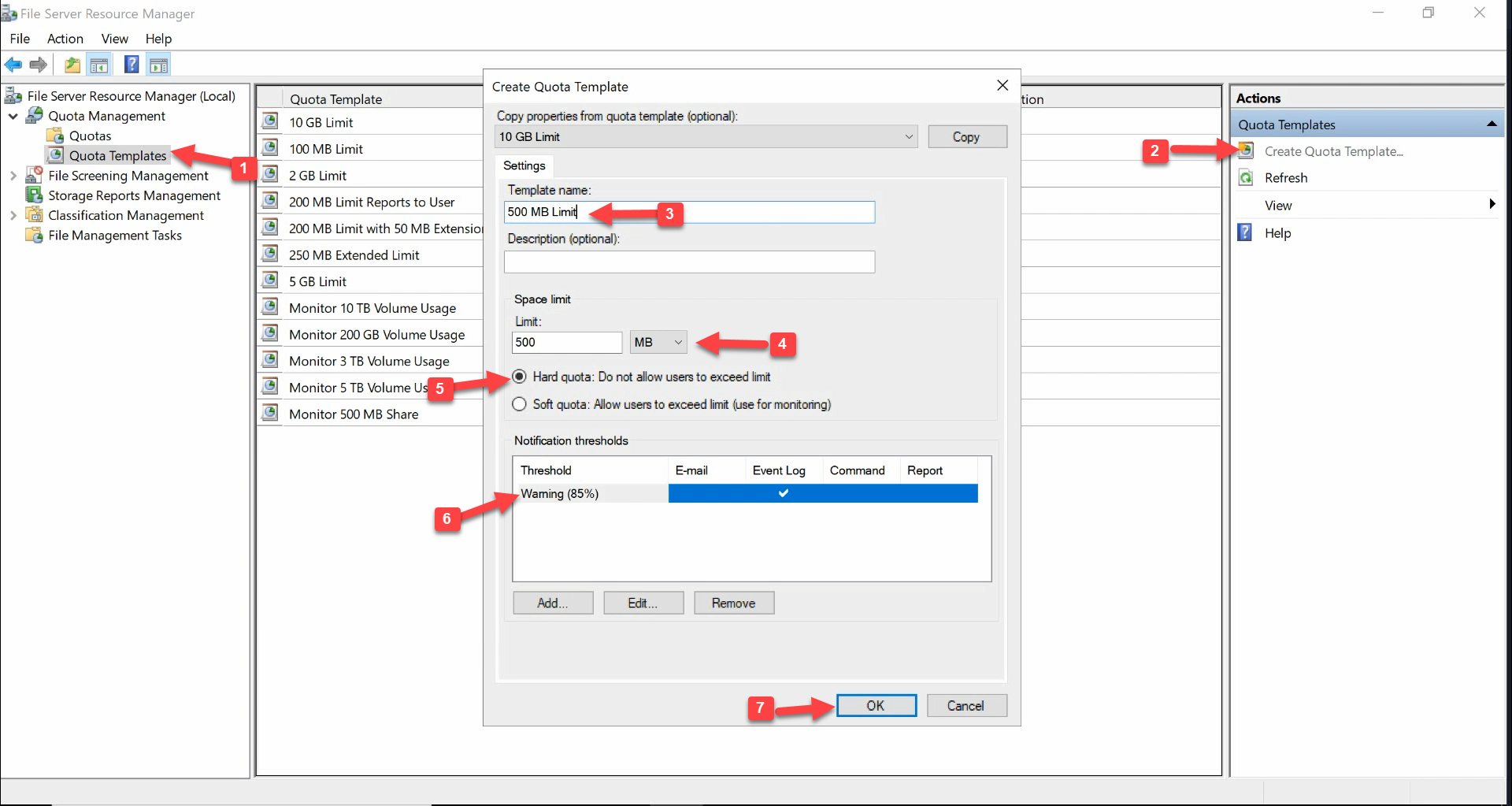 File Server Resource Manager Create Quota Template dialog with template name 500 MB Limit and Hard quota selected, notification thresholds list visible