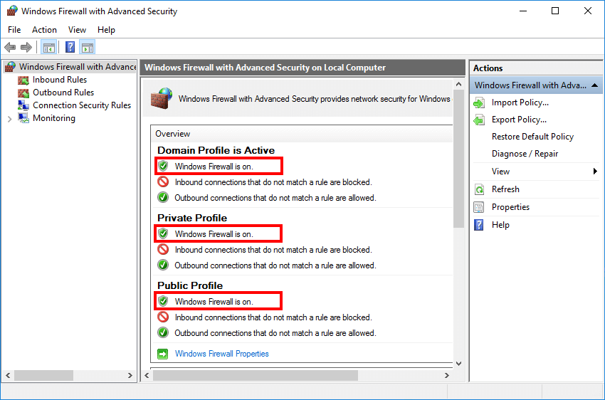 Windows Firewall with Advanced Security MMC showing Domain Private and Public profiles all enabled with green check icons