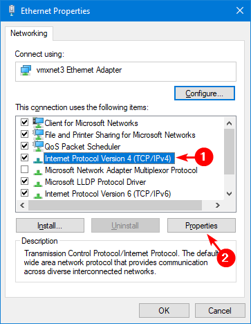 Ethernet Properties dialog with Internet Protocol Version 4 highlighted and the Properties button outlined