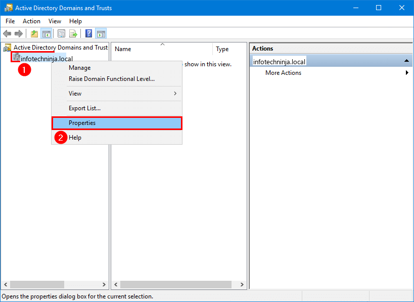 Active Directory Domains and Trusts MMC right-click context menu on the infotechninja.local domain with Properties highlighted