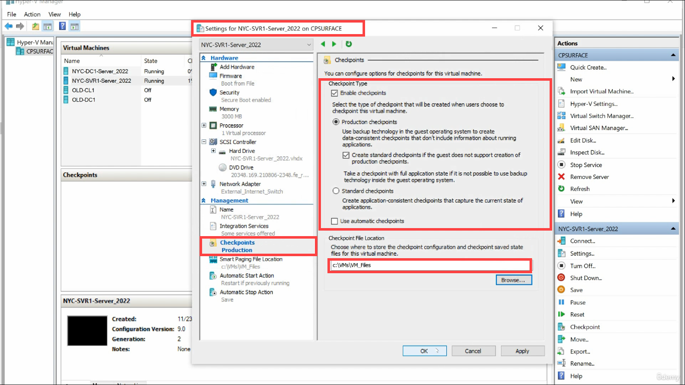 VM Settings Checkpoints pane Production vs Standard radio buttons