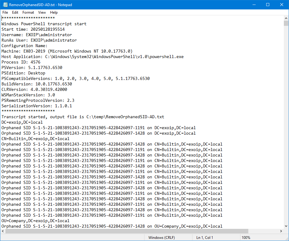Contents of RemoveOrphanedSID-AD.txt transcript file