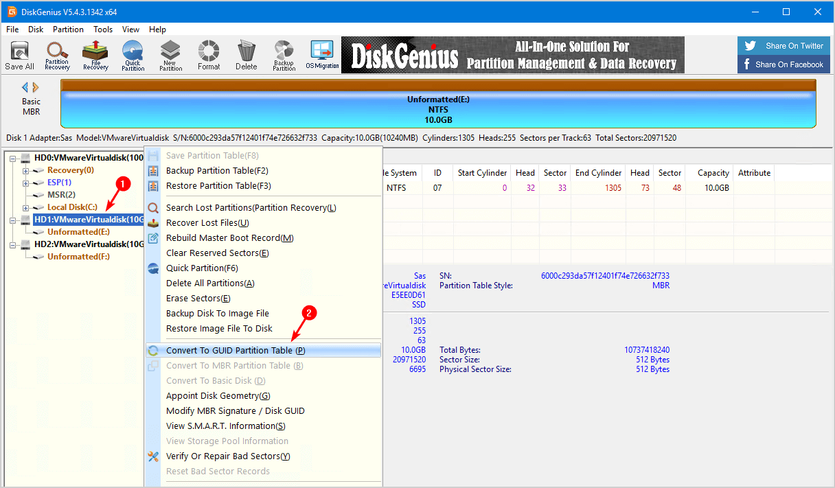 DiskGenius interface with the right-click context menu open on an MBR disk showing the Convert To GUID Partition Table option