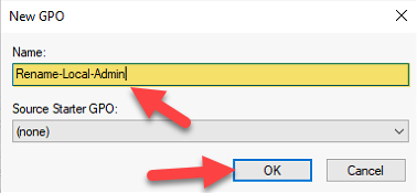 New GPO dialog with the name Rename-Admin-Account being typed