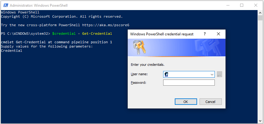 Windows PowerShell credential prompt requesting domain administrator username and password