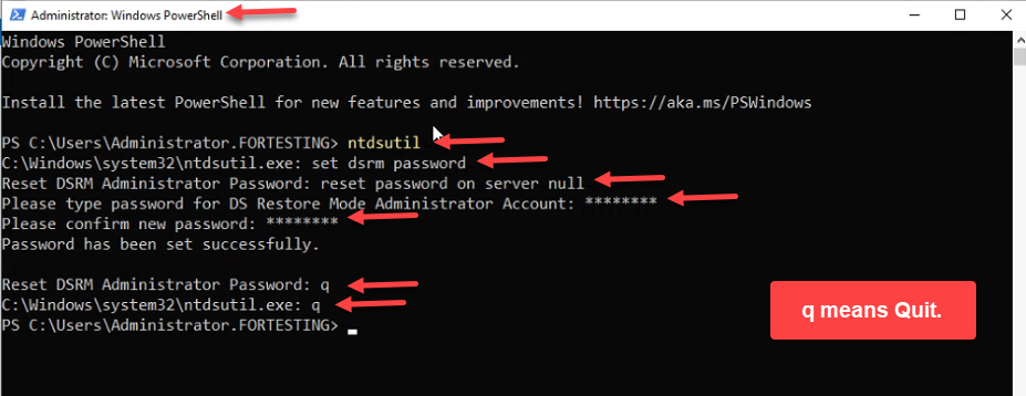 Elevated Windows PowerShell session showing the full ntdsutil set dsrm password / reset password on server null command sequence