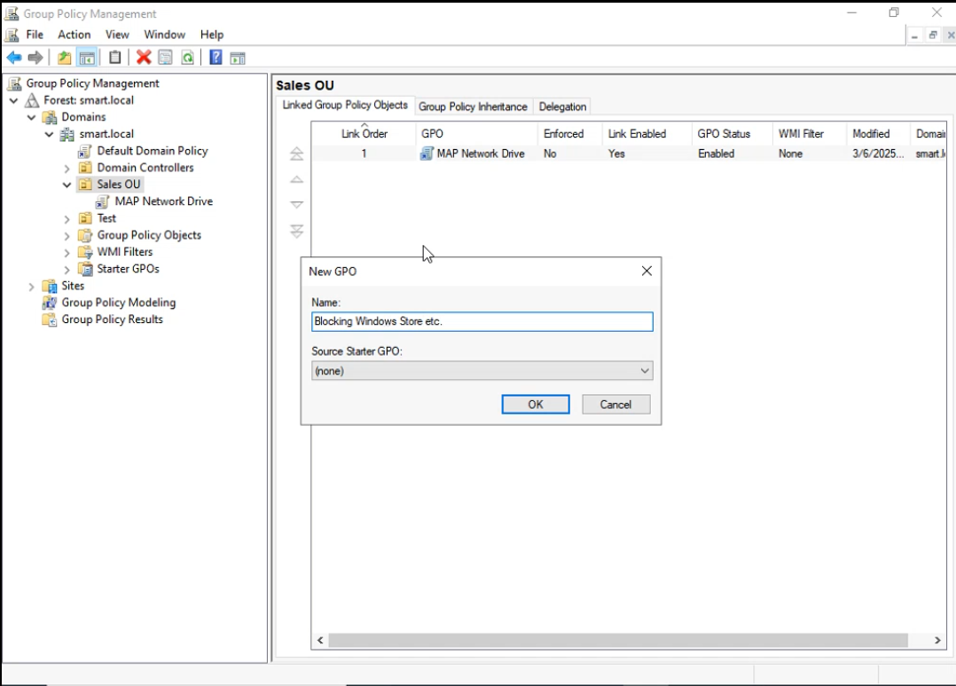 New GPO dialog with the name Blocking Windows Store etc. entered