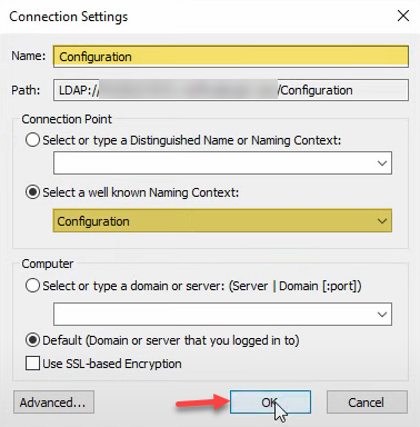 ADSI Edit Connection Settings dialog with Select a well known Naming Context set to Configuration