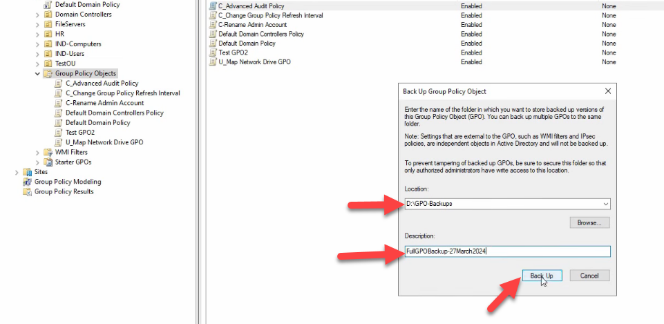 Back Up Group Policy Object dialog with backup location D:\\GPO-Backups and a description entered