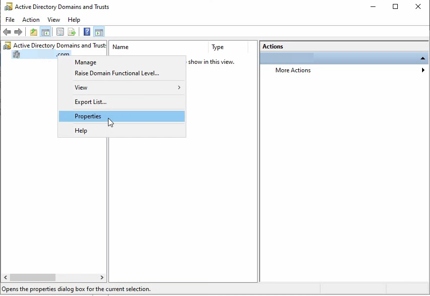Active Directory Domains and Trusts right-click context menu on the domain showing Manage, Raise Domain Functional Level, Properties options