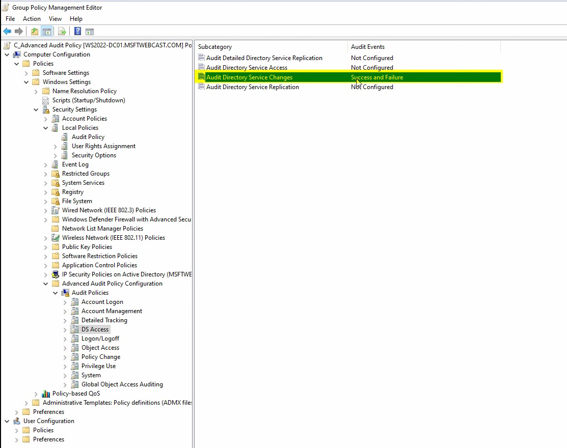 Advanced Audit Policy Configuration DS Access node with Audit Directory Service Changes set to Success and Failure