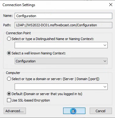 ADSI Edit Connection Settings dialog with Select a well known Naming Context set to Configuration