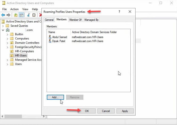 Step 3 of the roaming-profile setup workflow on Windows Server 2022
