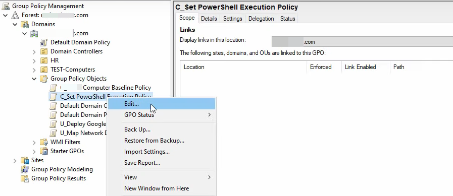 Group Policy Management Console with the new Set PowerShell Execution Policy GPO and the Edit context menu