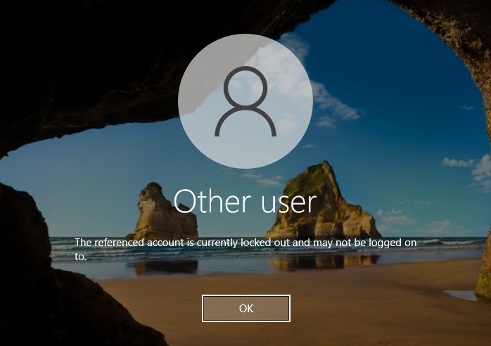 Windows logon screen showing The referenced account is currently locked out and may not be logged on to