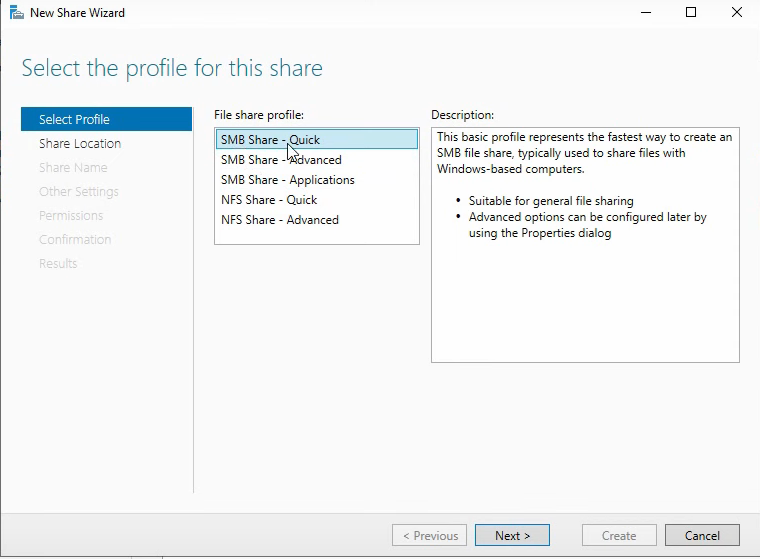New Share Wizard SMB Share Profile selection.