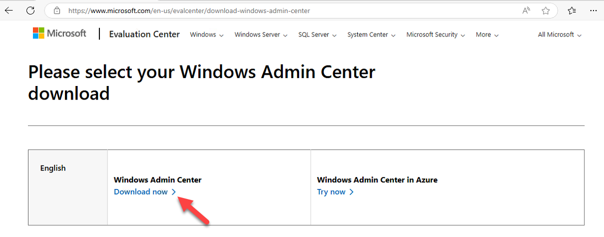 WindowsAdminCenter MSI saved to the Downloads folder.