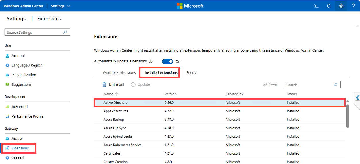 Installed Extensions tab confirming the Active Directory extension status.
