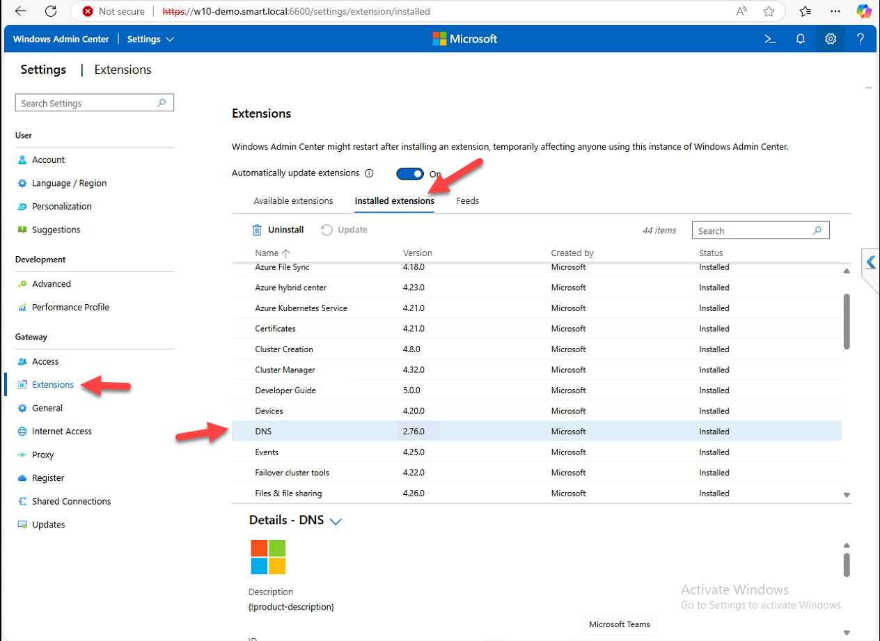 Windows Admin Center Installed Extensions tab listing the DNS extension.