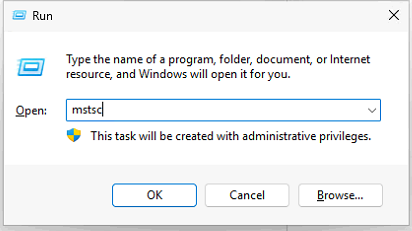 Windows Run dialog with mstsc typed in the Open box.