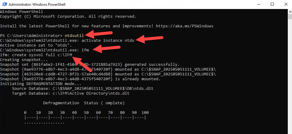 PowerShell window running ntdsutil with activate instance ntds, ifm, and create full C:\IFM commands.