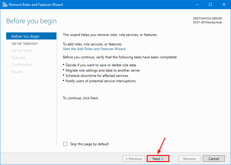 Remove Roles and Features wizard Before You Begin page Next button