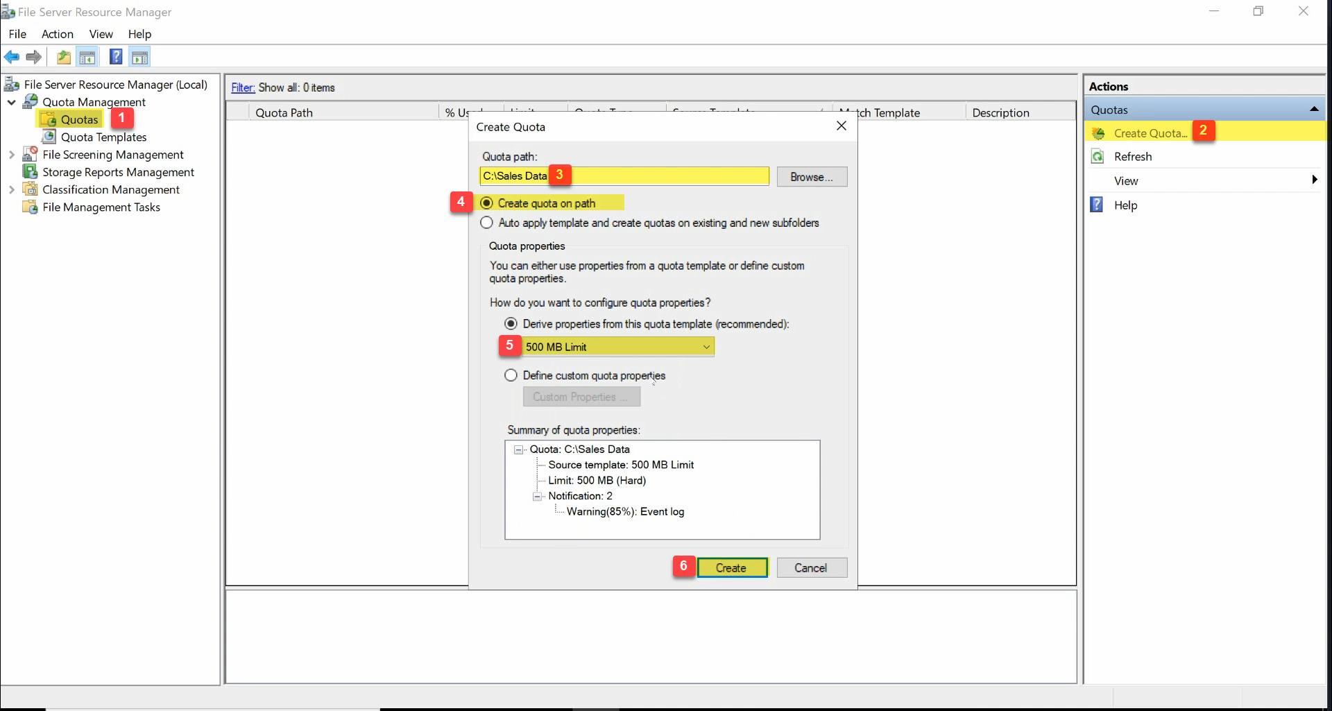 FSRM Create Quota dialog with quota path C:\\Sales Data and the 500 MB Limit template selected