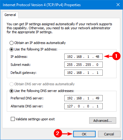 Internet Protocol Version 4 Properties dialog with the new static IP address subnet mask gateway and DNS server fields filled in