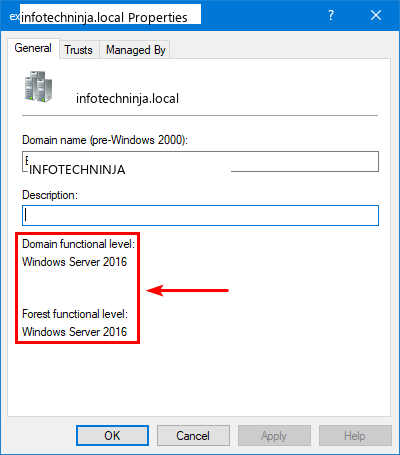 infotechninja.local Properties General tab showing Domain functional level Windows Server 2016 and Forest functional level Windows Server 2016