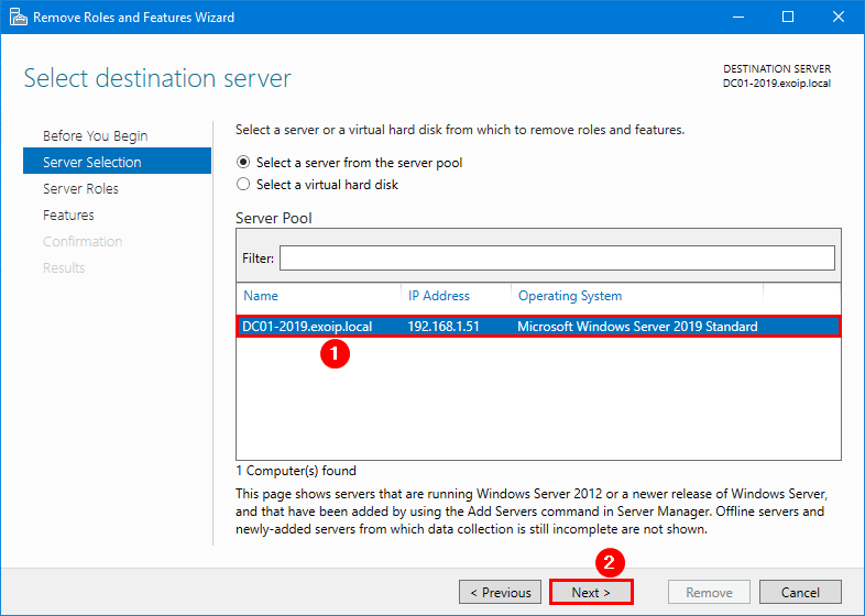 Select destination server page with the local DC highlighted