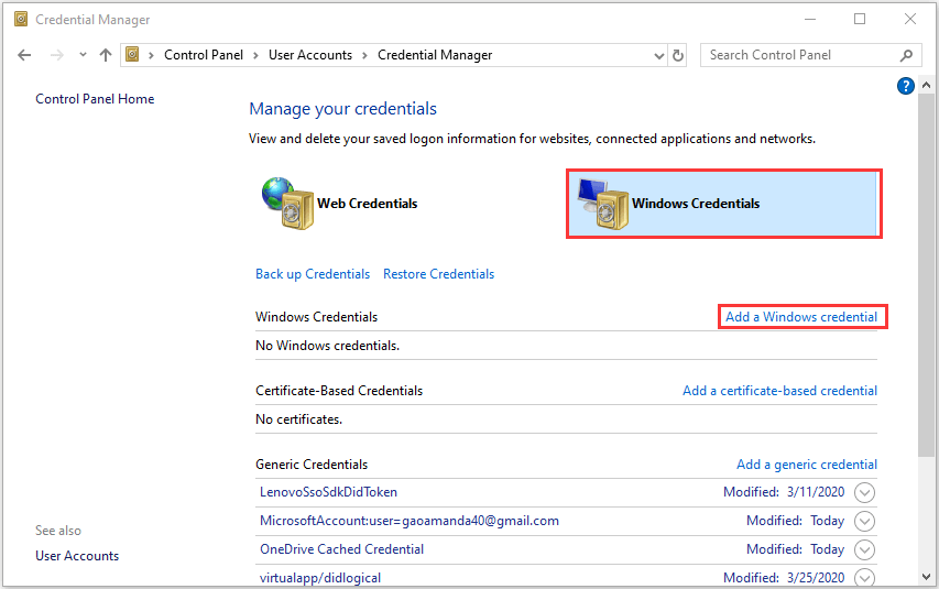 Windows Credential Manager interface with the Add a Windows credential option highlighted