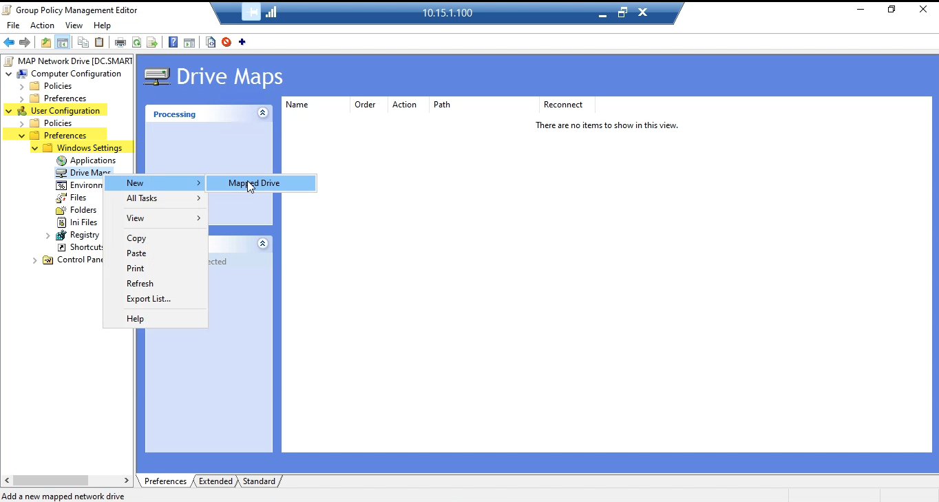 Group Policy Management Editor at User Configuration Preferences Windows Settings Drive Maps with the New Mapped Drive context menu open
