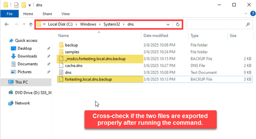 File Explorer showing fortesting.local.dns.backup and _msdcs.fortesting.local.dns.backup files
