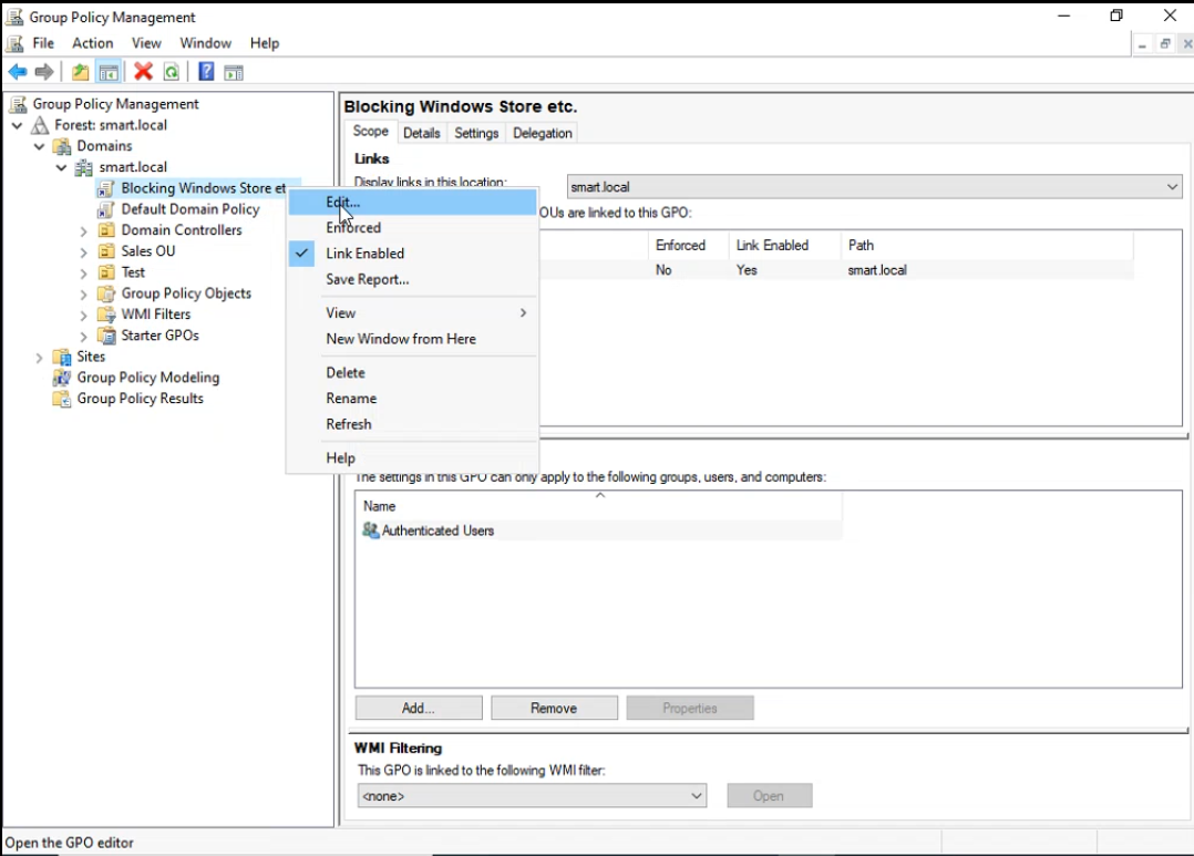 Group Policy Management right-click context menu on the new GPO with Edit highlighted