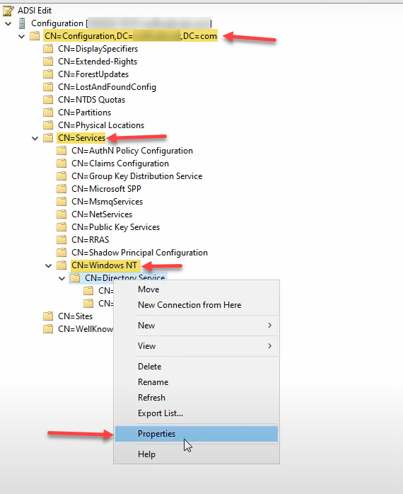 ADSI Edit tree expanded to CN=Configuration / CN=Services / CN=Windows NT / CN=Directory Service with the Properties context menu open