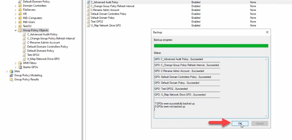 Backup status dialog listing each GPO succeeded and a final 7 GPOs were successfully backed up summary
