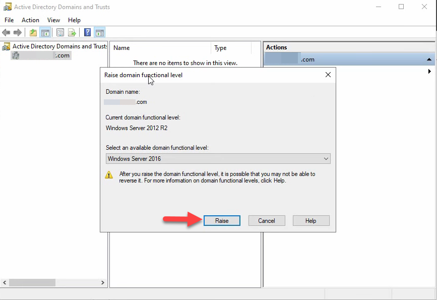 Raise domain functional level dialog showing current level Windows Server 2012 R2 with Windows Server 2016 selected as the target